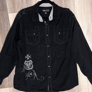 Men's Black Embroidered Button Down Shirt Size XL
